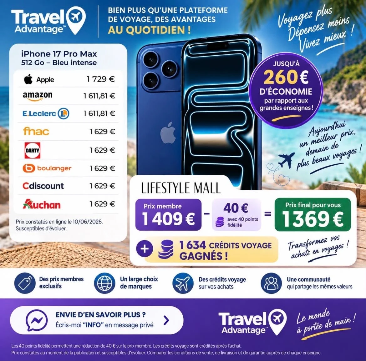Exemple de comparaison de prix pour un iPhone sur le Lifestyle Mall Travel Advantage