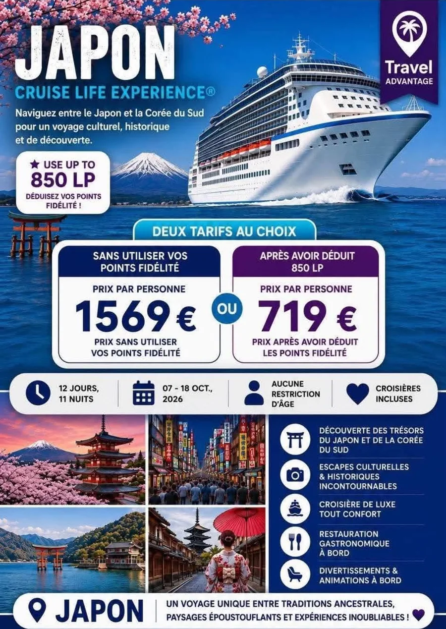 Exemple Travel Advantage d’une croisière Life Experience au Japon