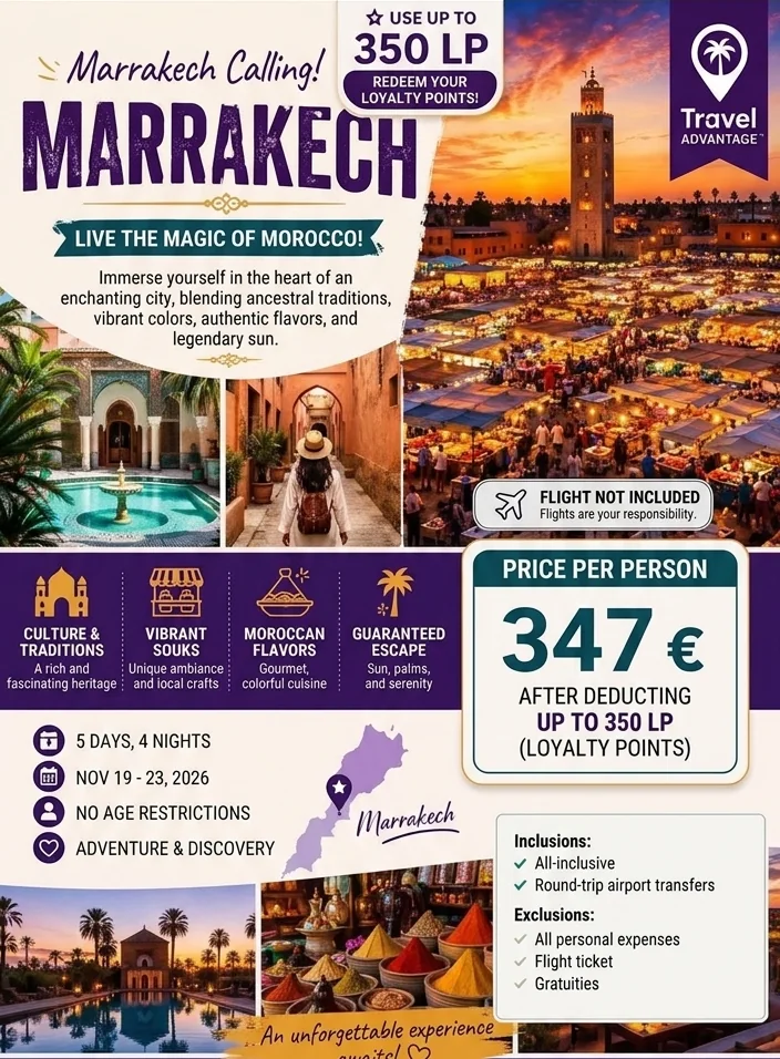 Travel Advantage Marrakech stay example with price per person, duration and inclusions
