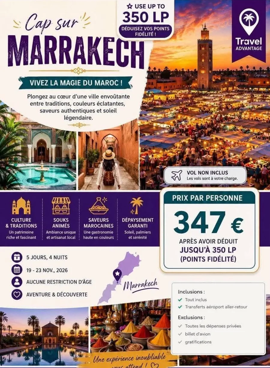 Exemple Travel Advantage pour un séjour à Marrakech avec prix par personne, durée et inclusions