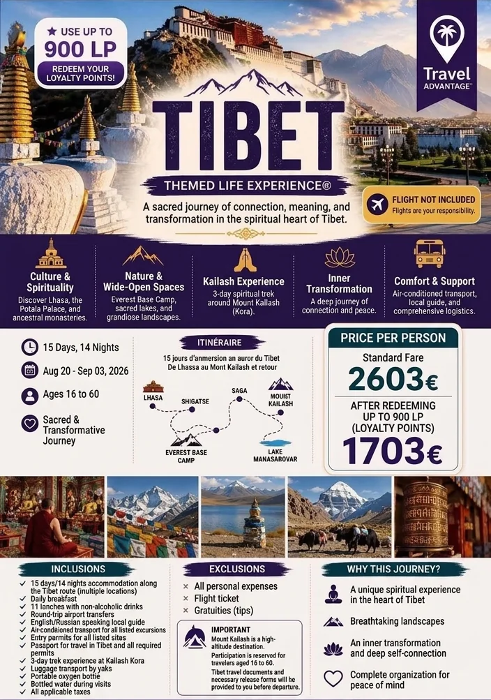 Travel Advantage Themed Life Experience in Tibet with itinerary and trip details