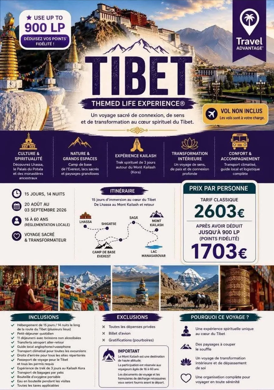 Exemple Travel Advantage Themed Life Experience au Tibet avec itinéraire et conditions